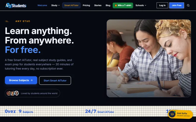 AnyStudents, a learning platform we built, with its AI agent Sofia open