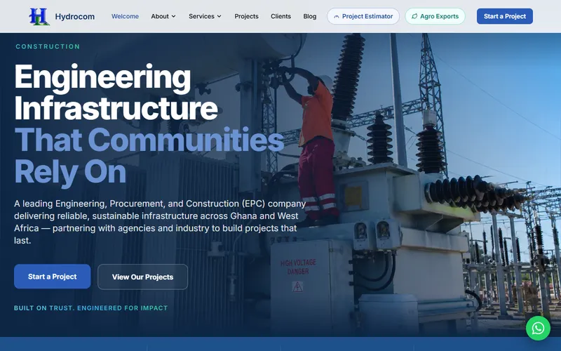 Screenshot of the Hydrocom Limited website we designed and built
