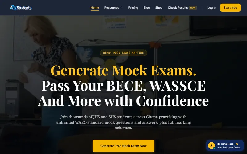 MockExams, an exam practice site we built, with its AI agent Ama open