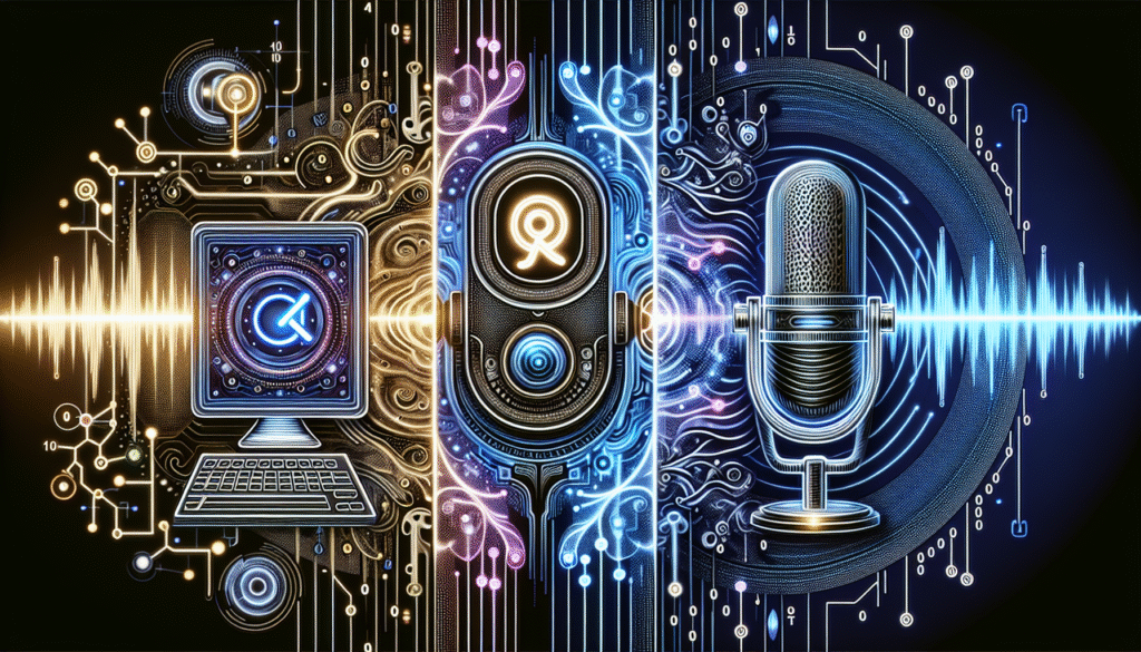 Illustration of AI chatbots and voice assistants in a tech interface
