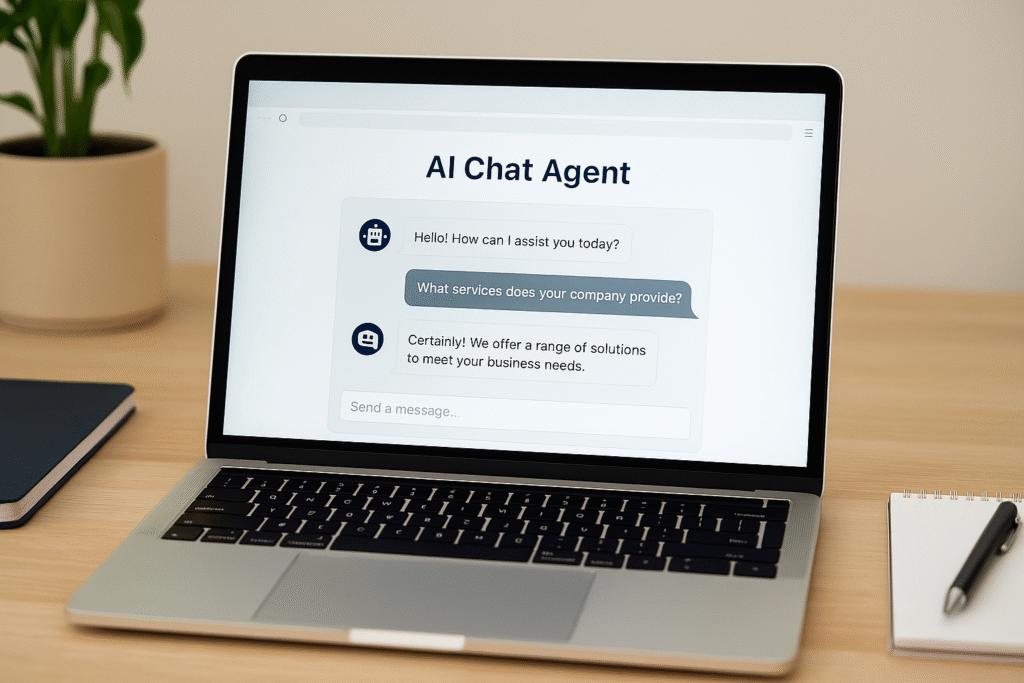 Open laptop on desk showing AI Chat Agent conversation window, providing automated support for business visitors