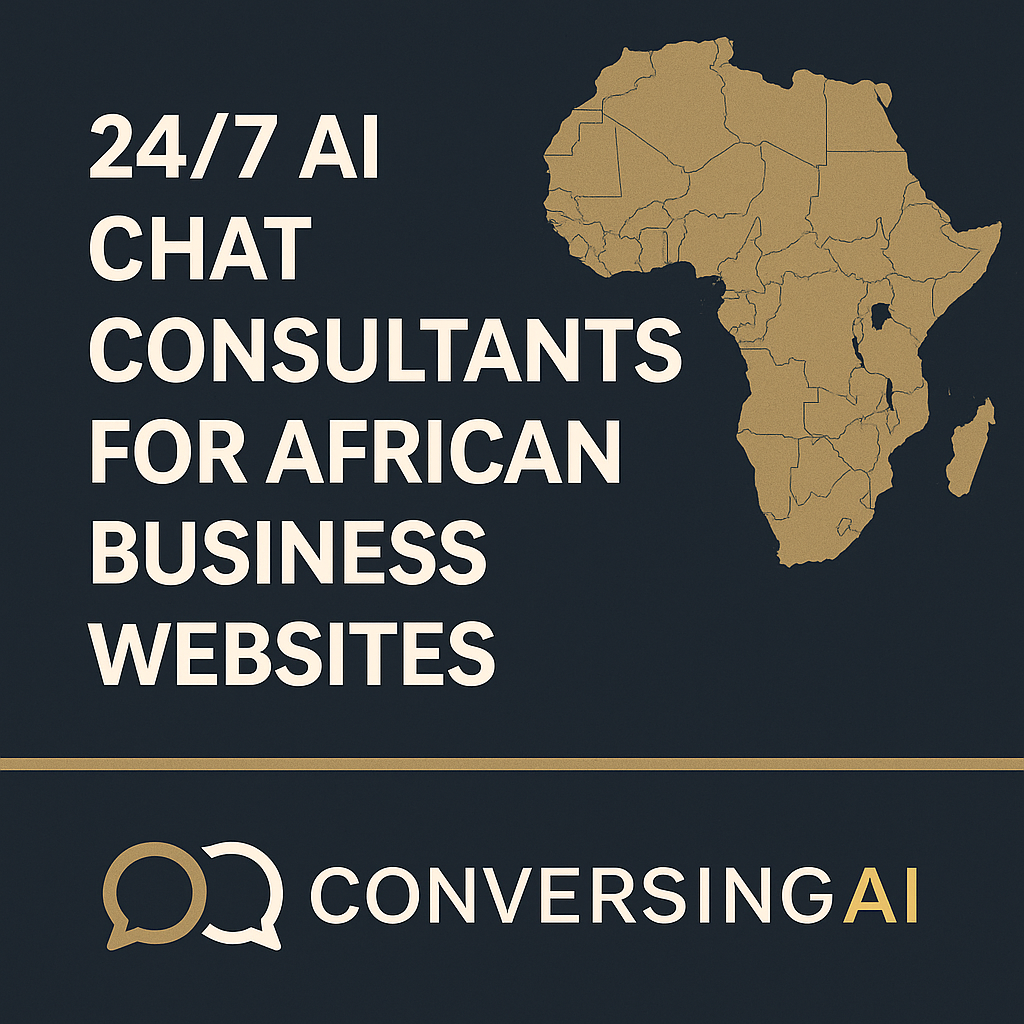 Graphic showing 24/7 AI Chat Consultants for African business websites with ConversingAI brand