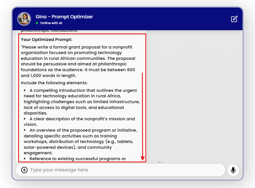 image of Gina prompt optimizer displaying an optimized prompt