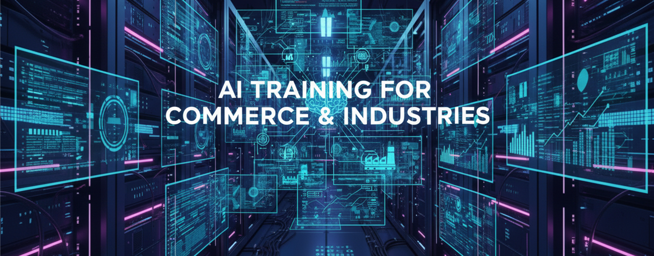 an image showing screen writing Ai training for commerce and industries with AI workflows connected and working behind it